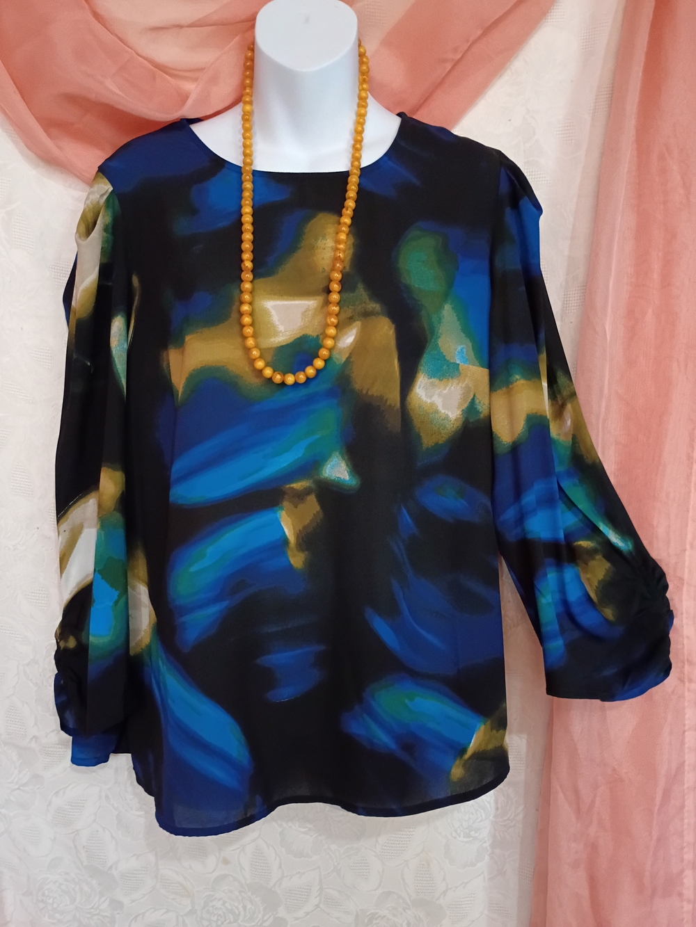 DKNY Ladies Abstract Blue and Green Print Blouse Sz L